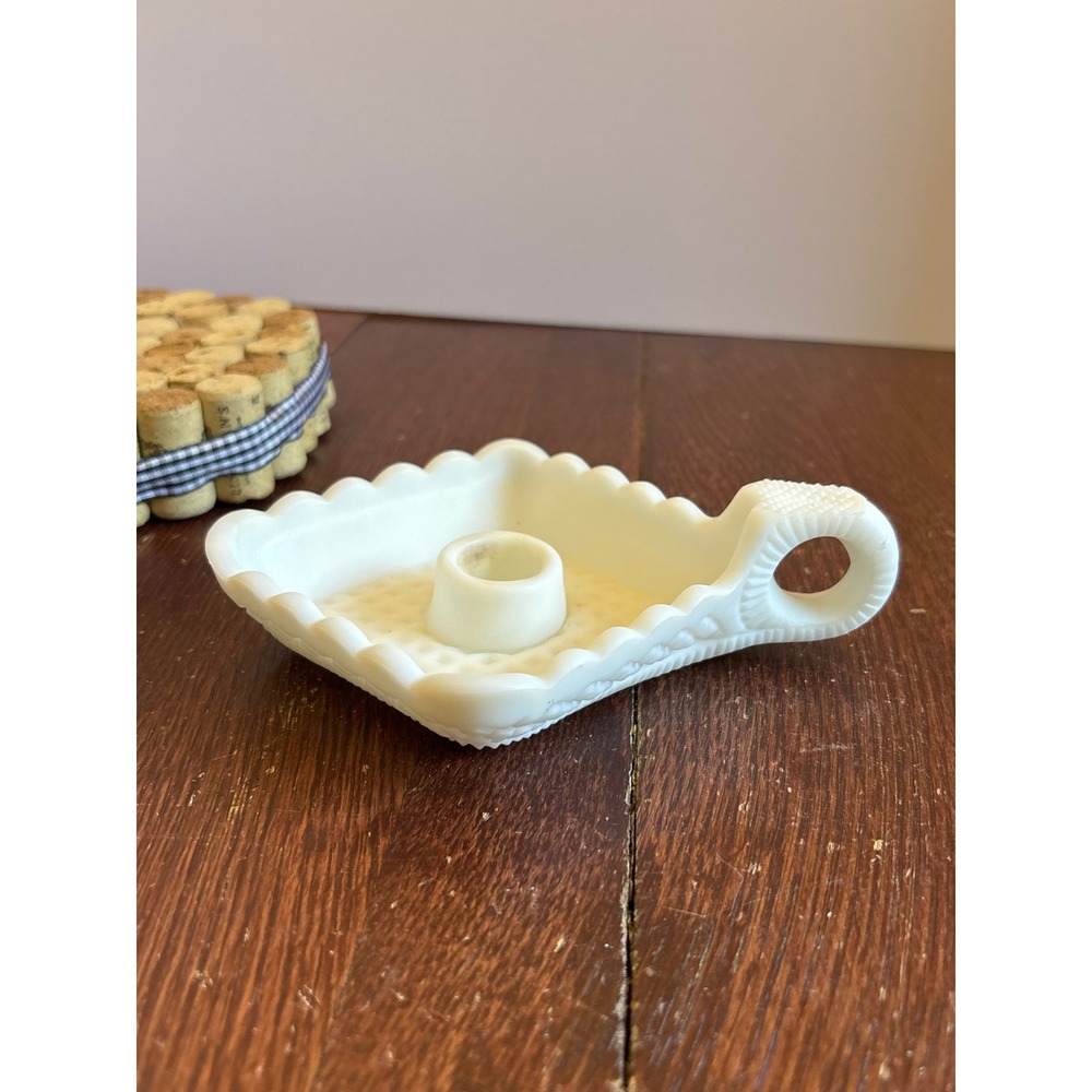 Fenton White Milk Glass Hobnail Square Chamberstick Candle Holder Handle